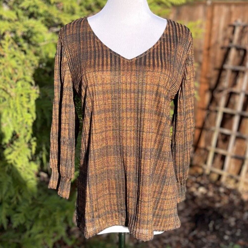 Premise Studio Women’s Plaid Blouse - Medium - Metallic Gold/Black/Brown‎